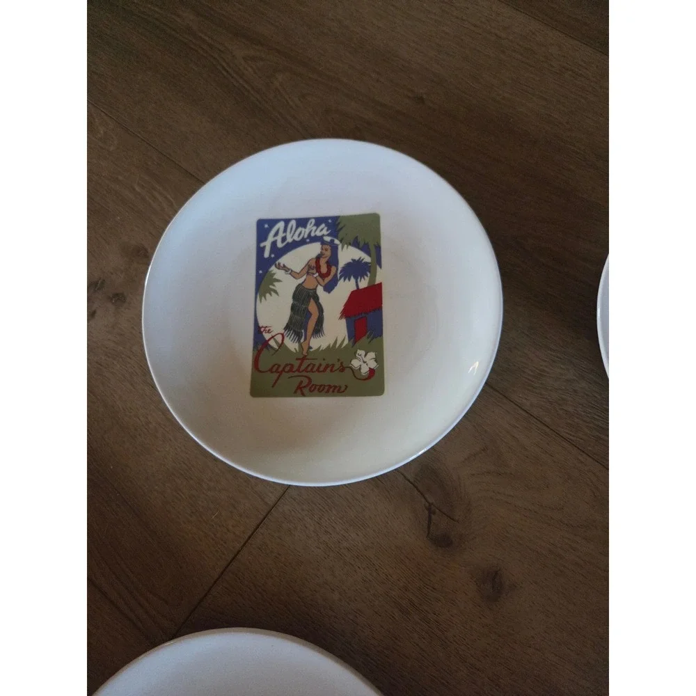 Pottery Barn 90s Aloha Girls Tiki Appetizer Plates Set of 4 Hula Girl Cocktails